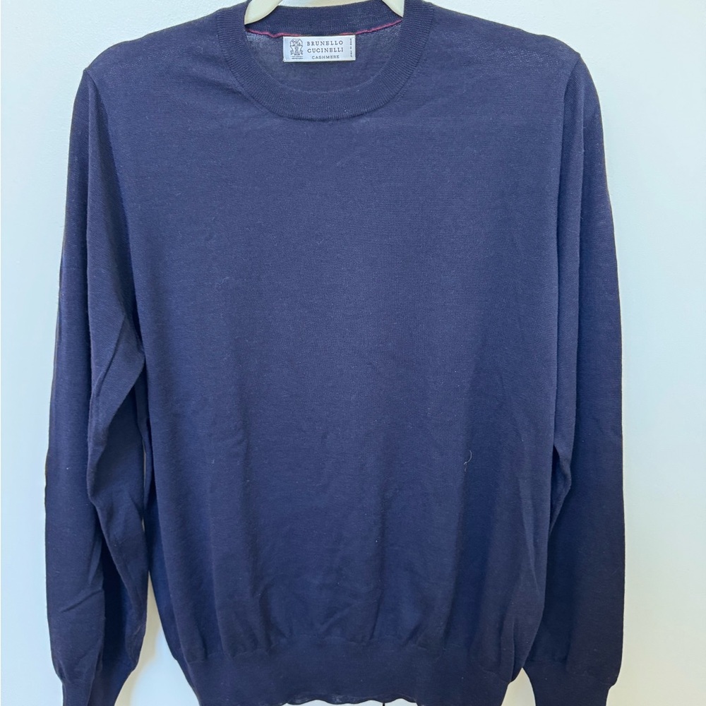Brunello Cucinelli Navy Wool & Cashmere Sweater with Suede Elbow Patches